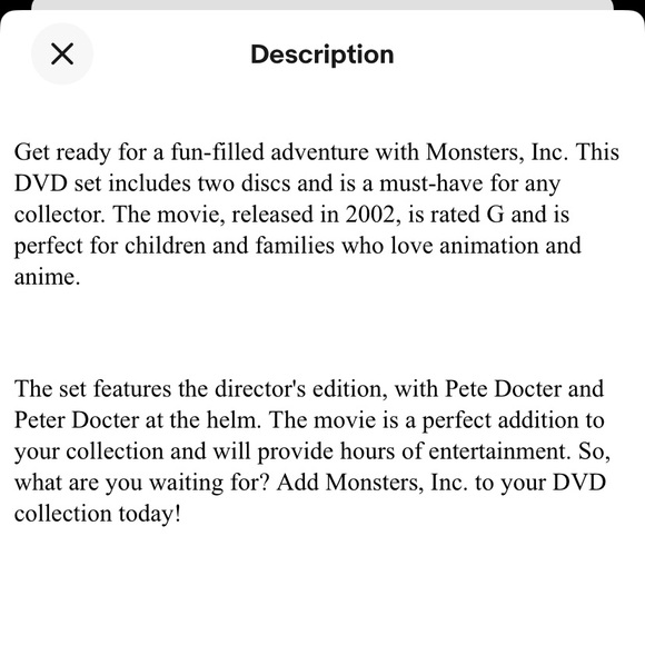 Disney. Pixar Monsters, INC Collectors Edition 2-Disc DVD - Picture 4 of 4